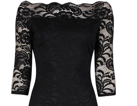 Black Lace 3/4 Sleeve Vintage Bardot Bodycon Wiggle Dress