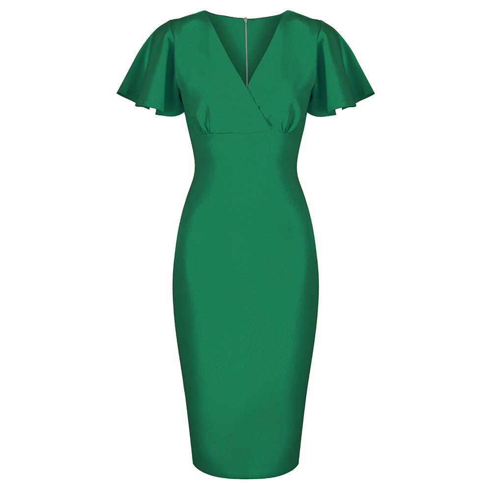 Emerald Green Half Sleeve Deep V Neck Crossover Top Wiggle Dress - Pretty Kitty Fashion