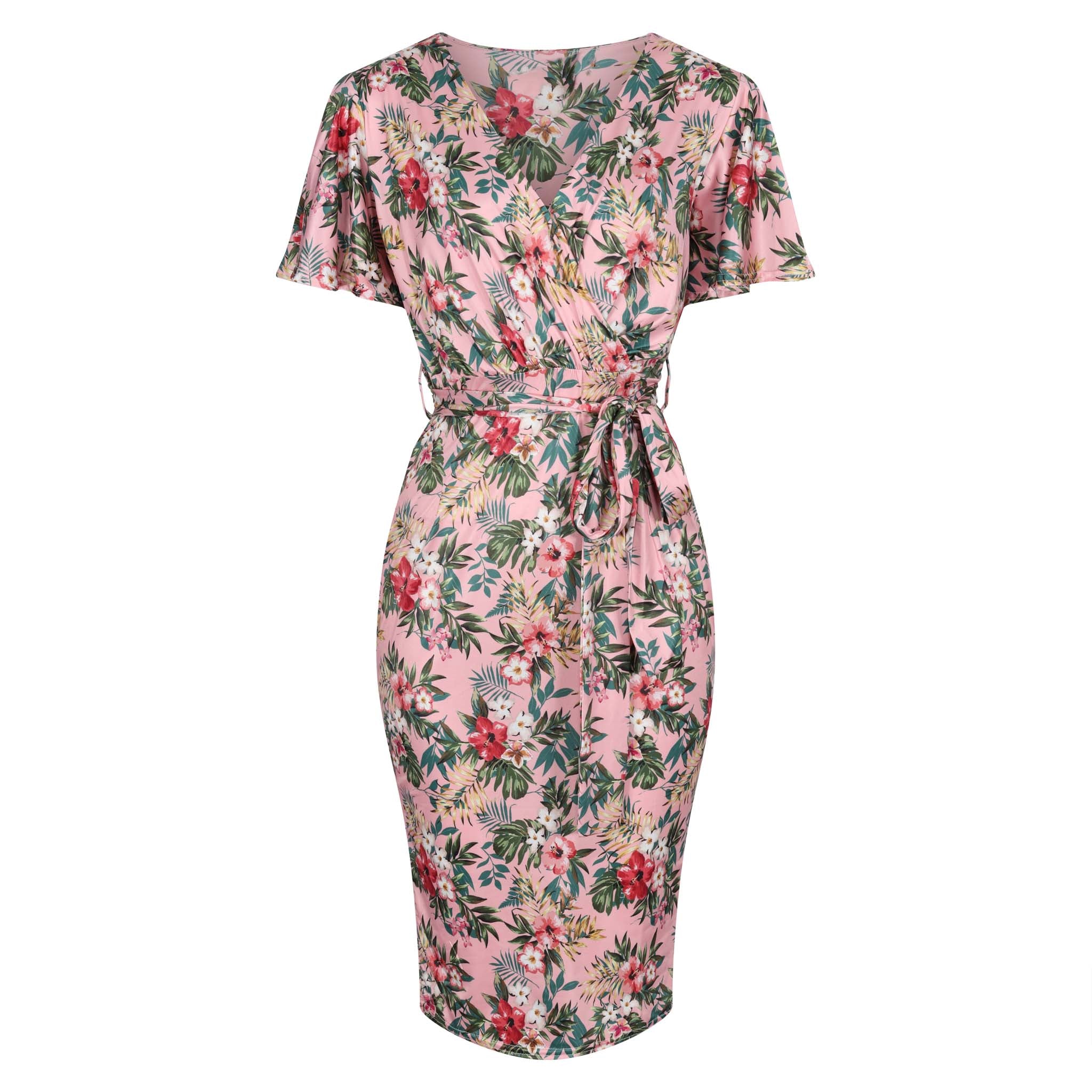 Pink Floral Print Waterfall Sleeve Crossover Pencil Dress