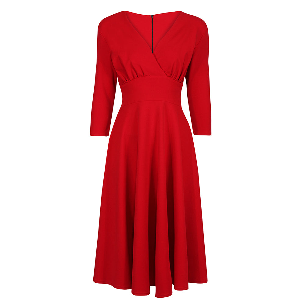 Red Vintage A Line Crossover 3/4 Sleeve Tea Swing Dress