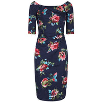 Navy Blue Floral 1/2 Sleeve Floral Wiggle Pencil Dress - Pretty Kitty Fashion