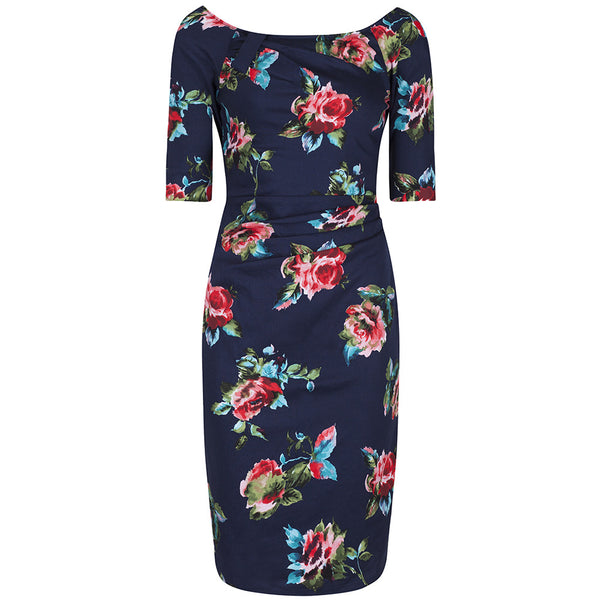 Navy Blue Floral 1/2 Sleeve Floral Wiggle Pencil Dress - Pretty Kitty ...
