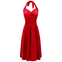 Red Velour Halterneck Empire Waist 50s Swing Dress - Pretty Kitty Fashion