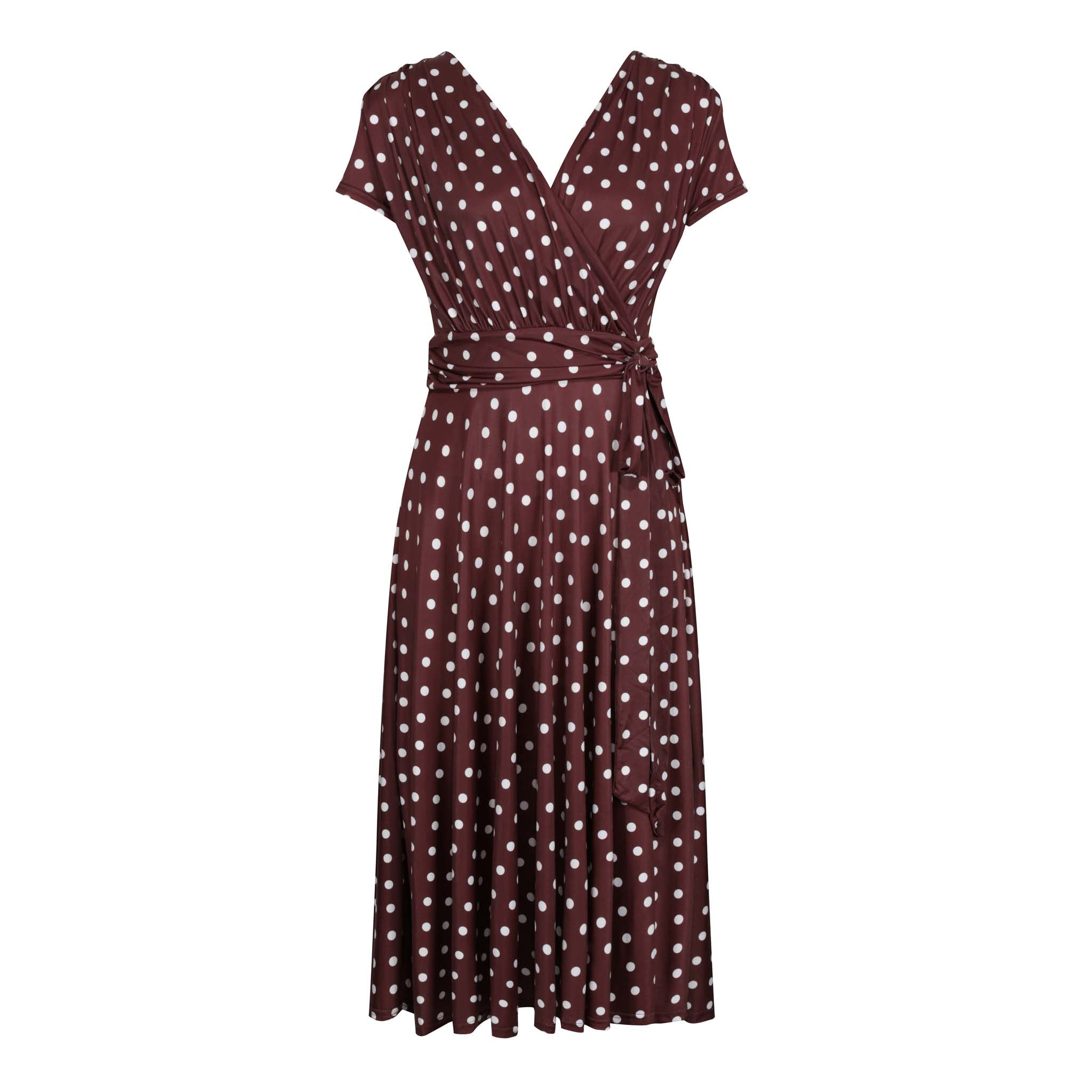 Chocolate Brown And White Polka Dot Cap Sleeve Fit And Flare Midi Dress