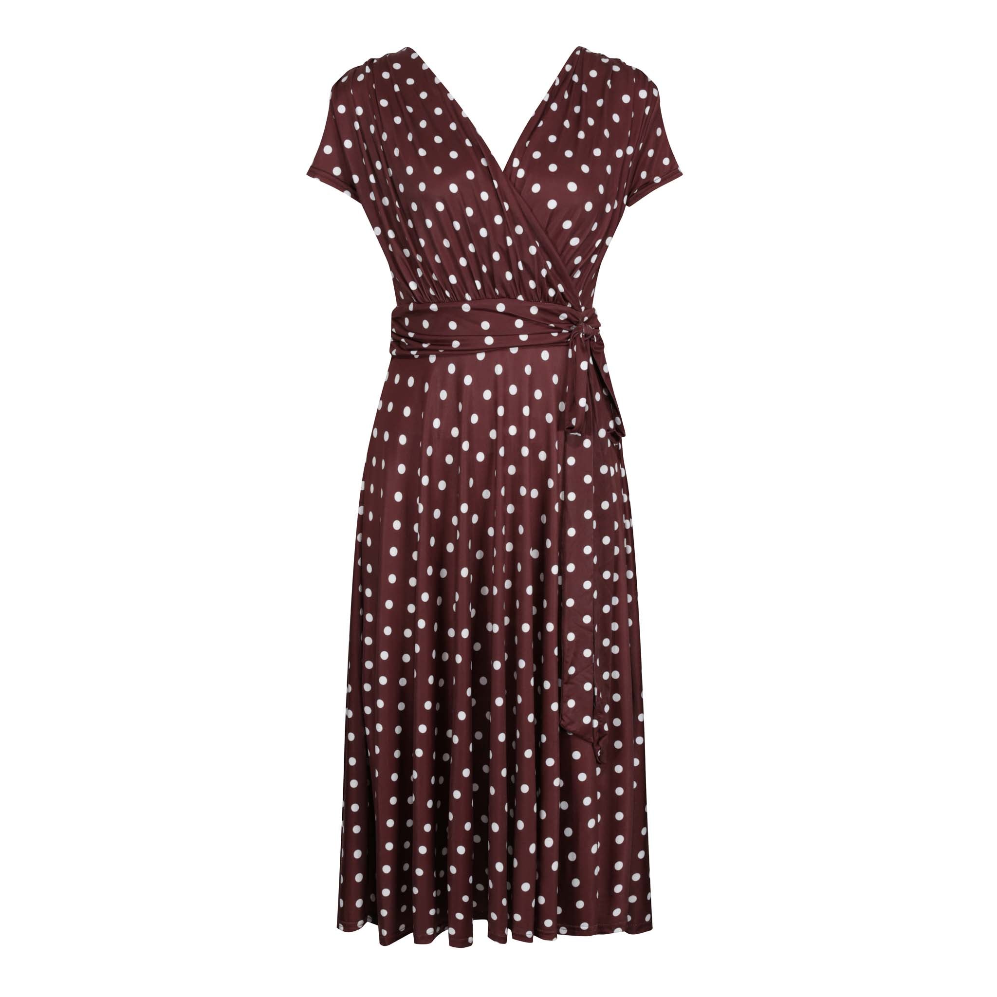 Chocolate Brown And White Polka Dot Cap Sleeve Fit And Flare Midi Dres