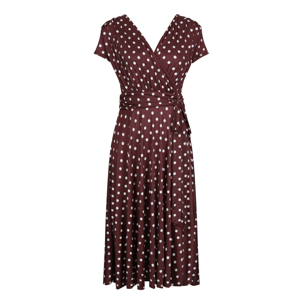 Chocolate Brown And White Polka Dot Cap Sleeve Fit And Flare Midi Dress