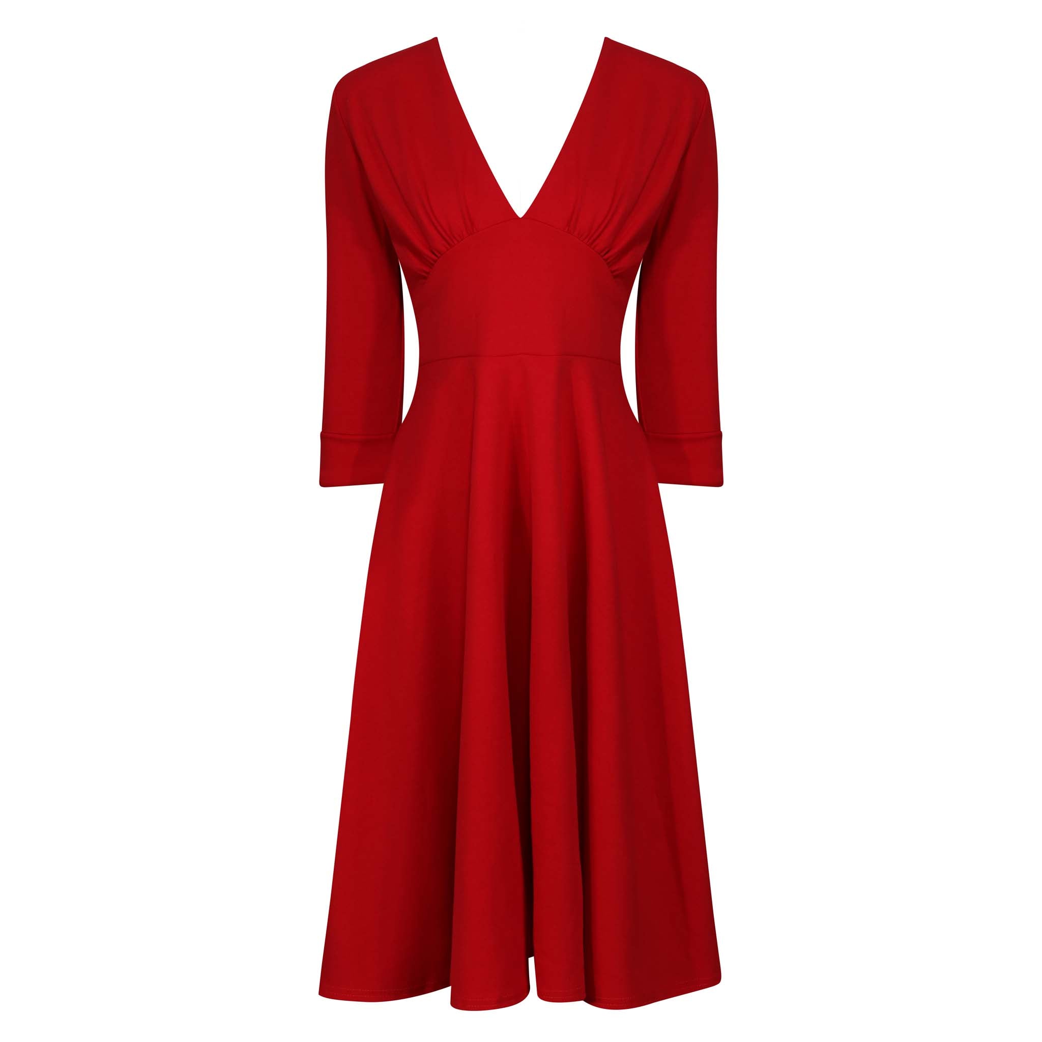 Red Deep V Neck 3/4 Sleeve Rockabilly 50s Swing Dress