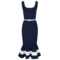 Navy Blue Nautical Sleeveless Peplum Hem Belt Wiggle Dress - Pretty Kitty Fashion