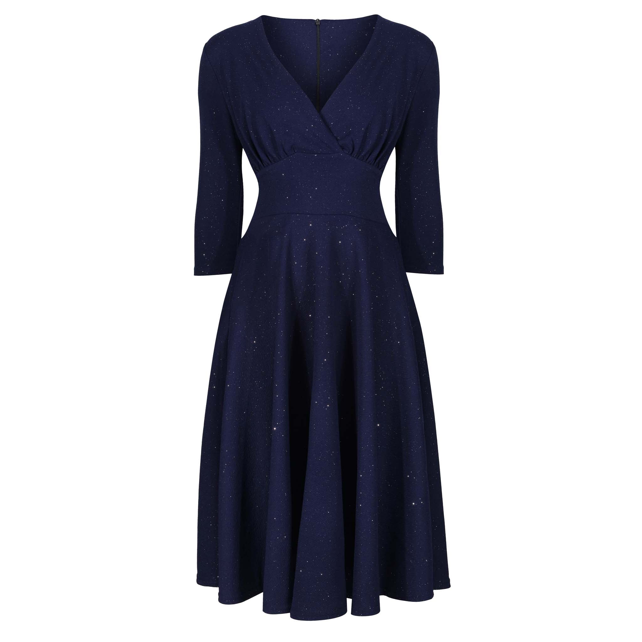 Navy Blue Silver Glitter Vintage A Line Crossover 3/4 Sleeve Tea Swing Dress