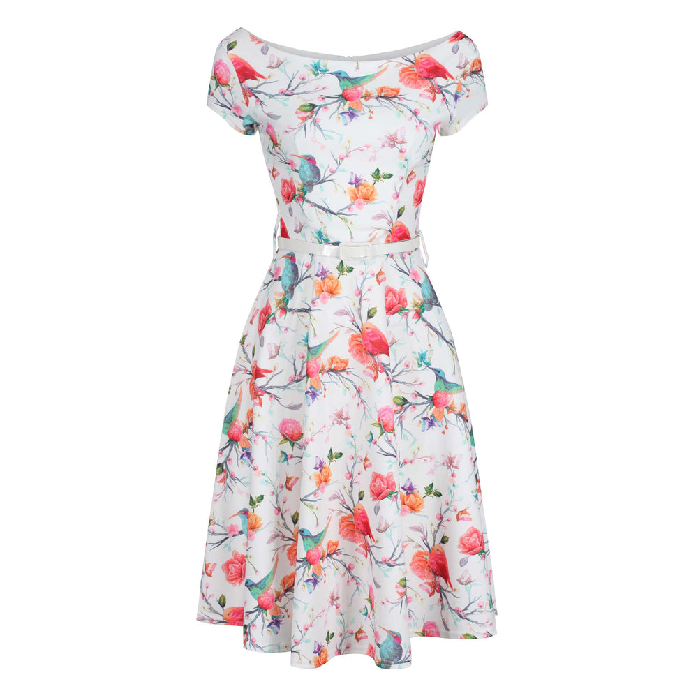 White Pink Summer Bird Butterfly Print Capped Sleeve Belted Summer Dress