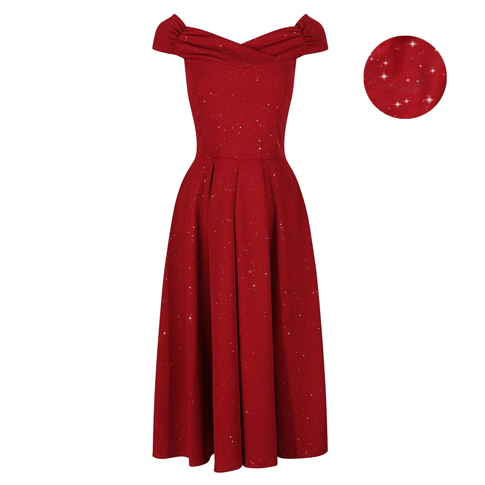 Wine Red Sparkly Glitter Crossover Bust Bardot Style 50s Swing Dress
