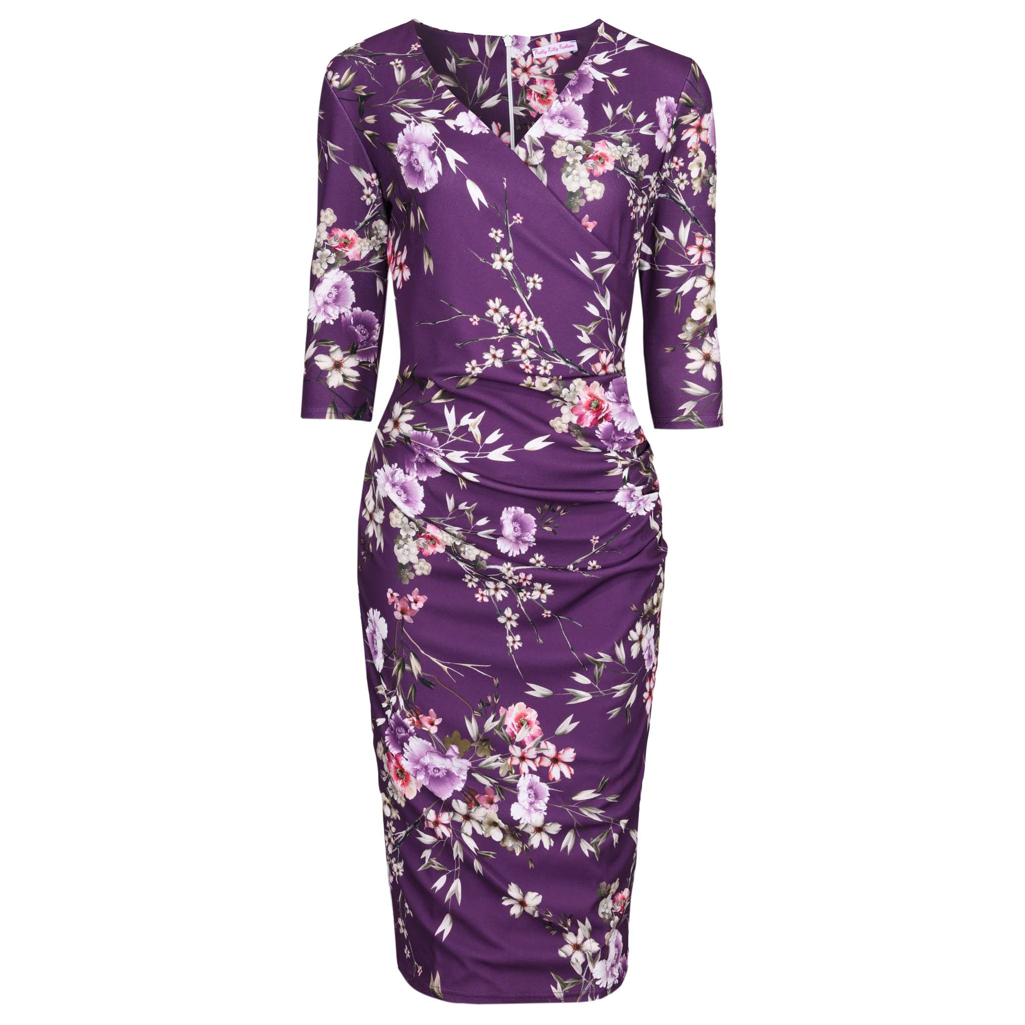 Purple Floral Print 40s 3/4 Sleeve Wiggle Wrap Dress