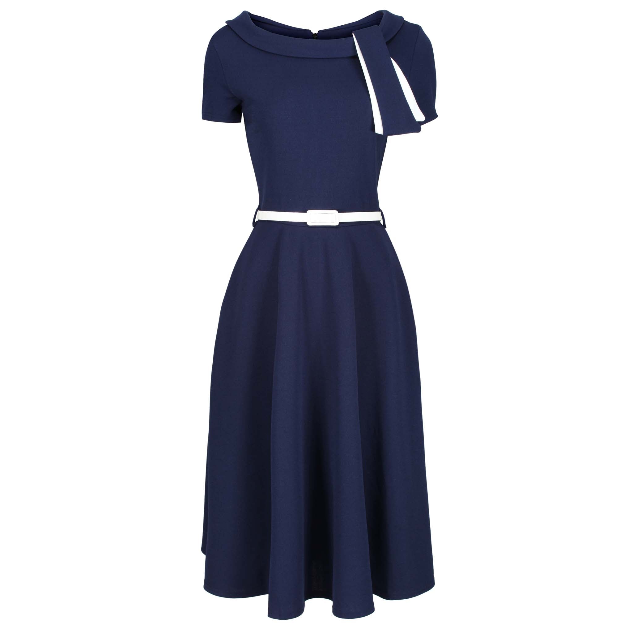 Navy Blue White Tie Short Sleeve Vintage Swing Dress