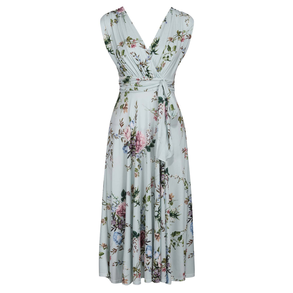 Light Blue Floral V Neck Crossover Top Empire Waist Swing Dress