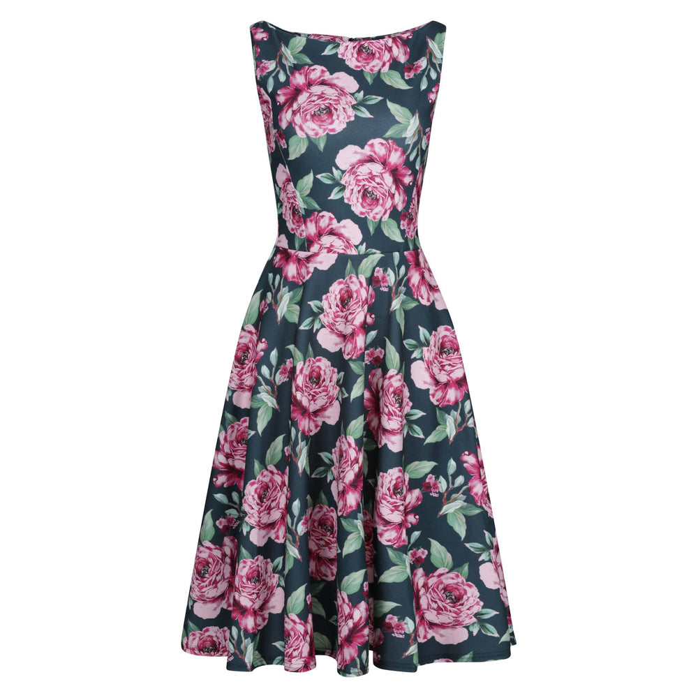 Green And Pink Floral Audrey Style 1950s Swing Dress