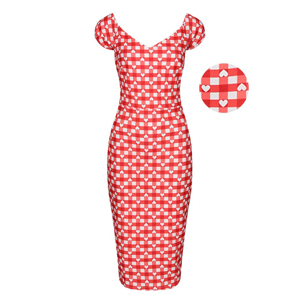Red and White Gingham Heart Print Bodycon Pencil Dress