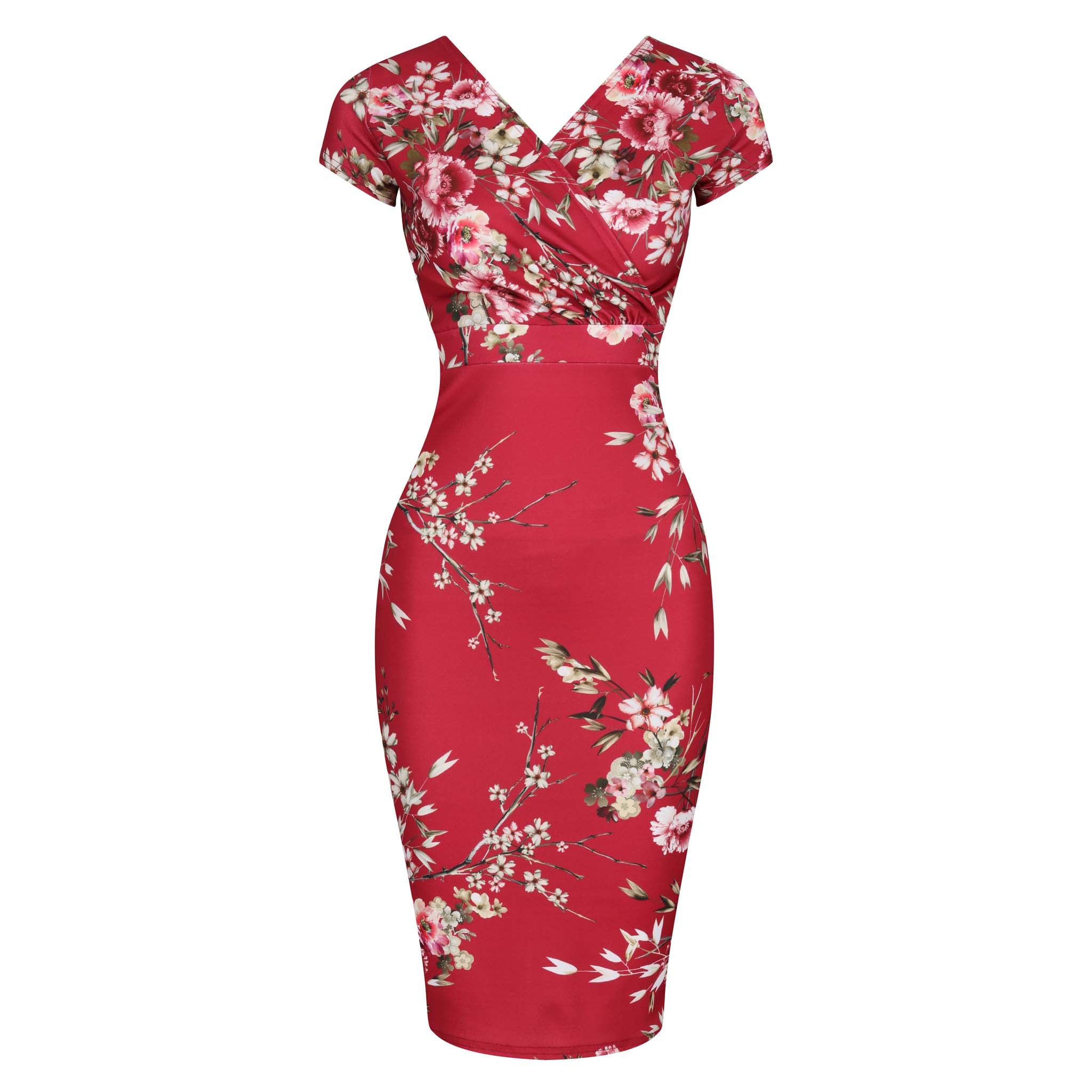 Red Floral Print Crossover Top Cap Sleeve Pencil Dress I