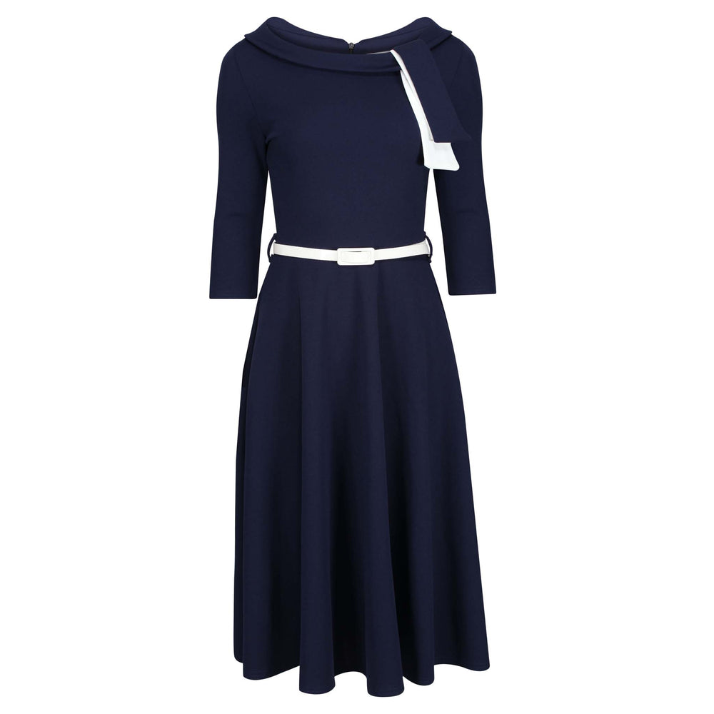Navy Blue White Tie 1/2 Sleeve Vintage Swing Dress - Pretty Kitty Fashion