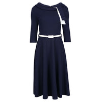 Navy Blue White Tie 1/2 Sleeve Vintage Swing Dress - Pretty Kitty Fashion