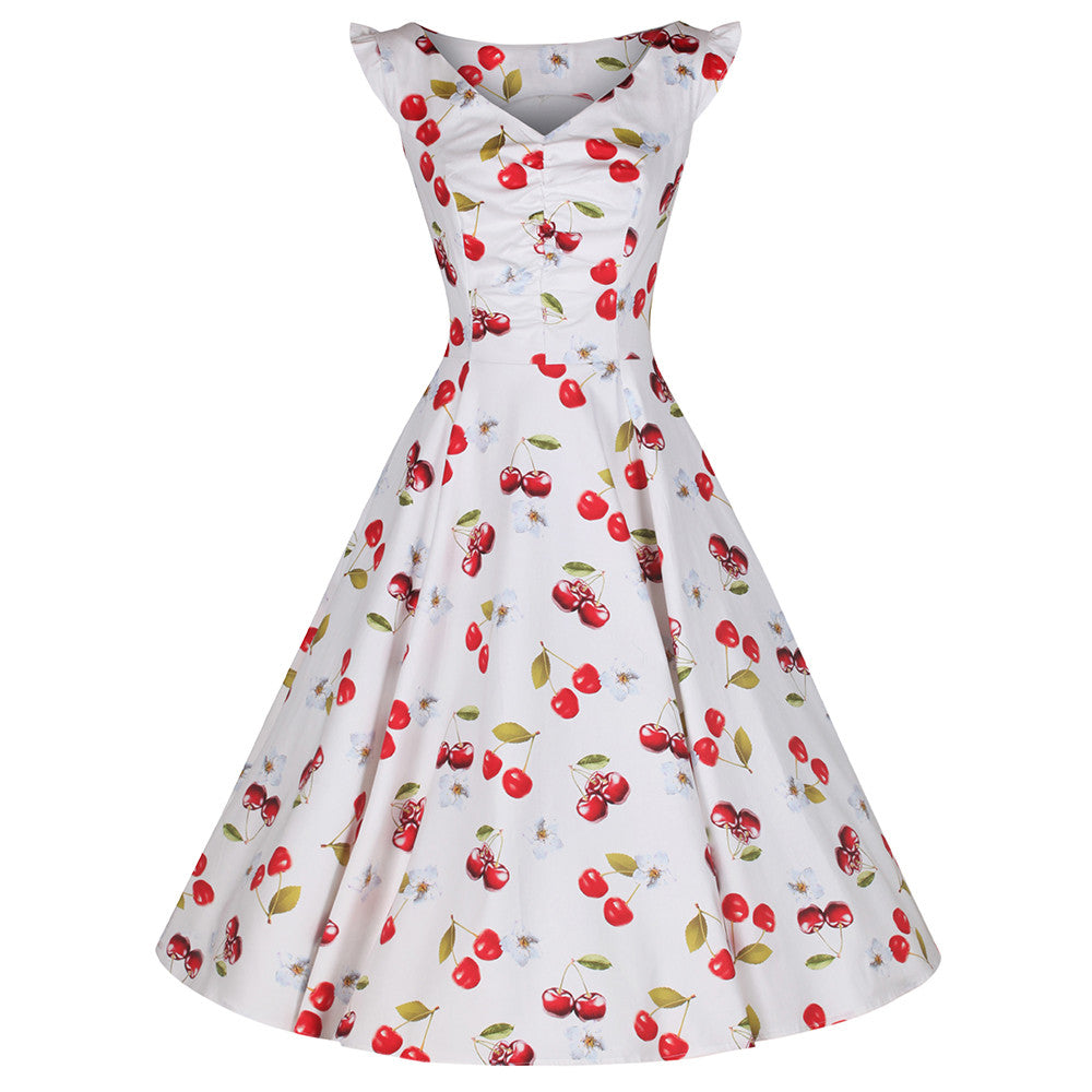 White and Red Cherry Print Rockabilly 50s Swing Dress - Pretty Kitty ...