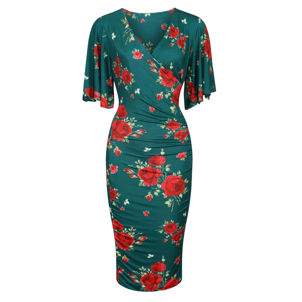 Green And Red Floral Print Butterfly Sleeve Slinky Pencil Cocktail Dress