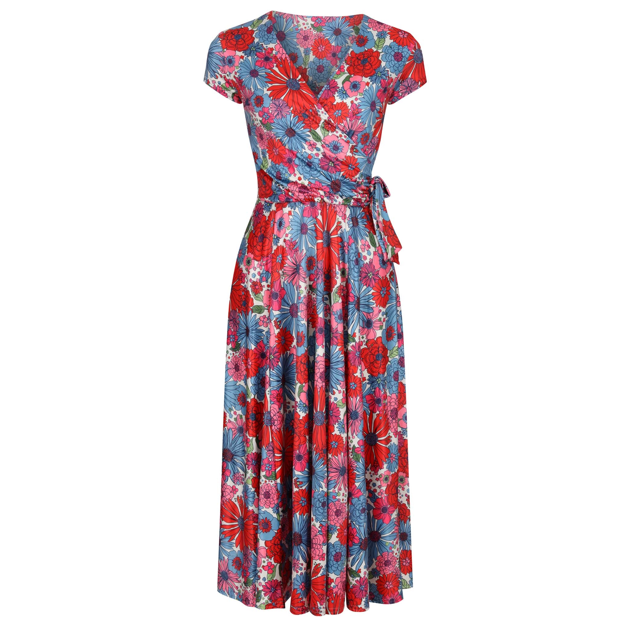 Multi Red Blue Floral Print Cap Sleeve Crossover Top Swing Dress