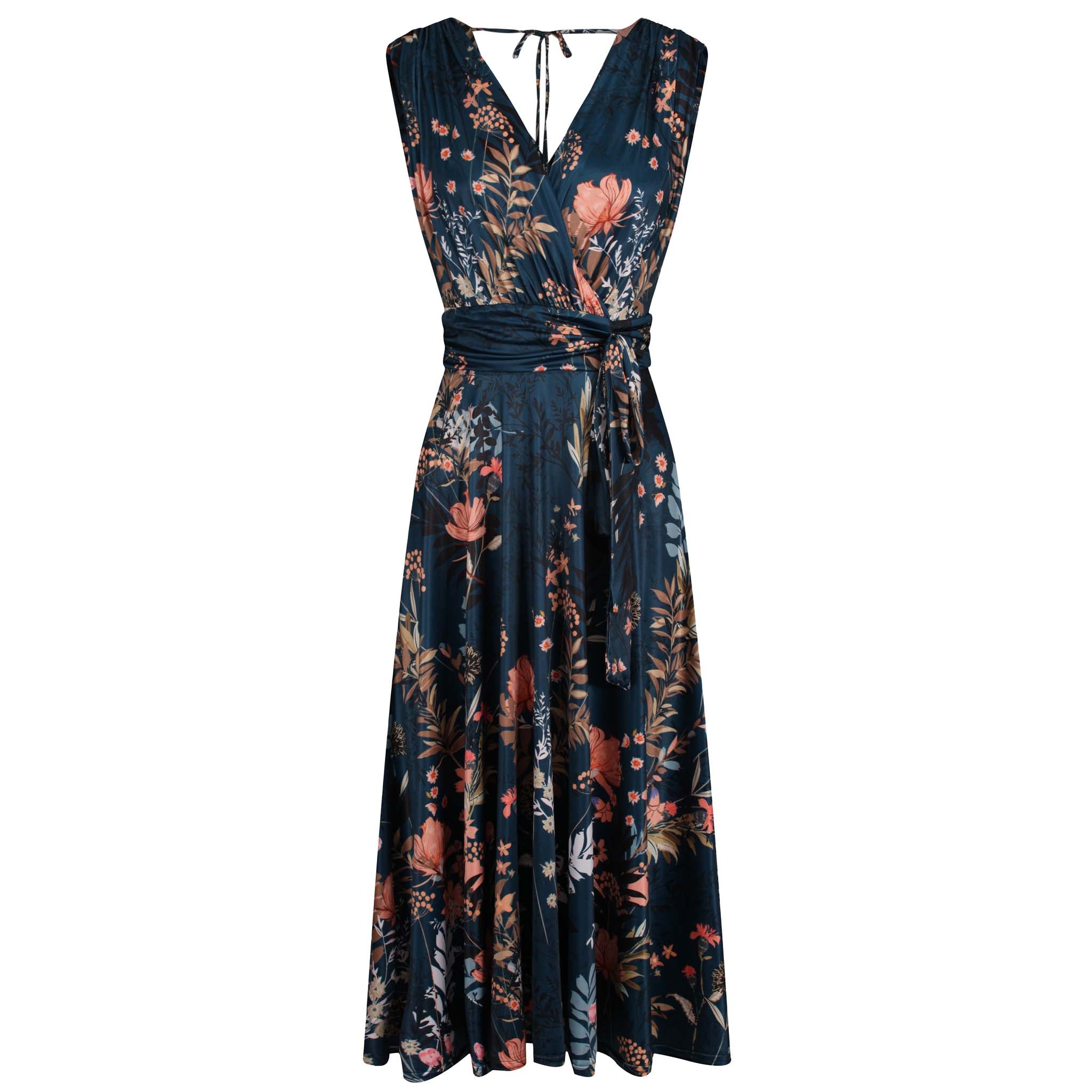 Dark Teal Floral V Neck Crossover Top Empire Waist Swing Dress - Pretty ...