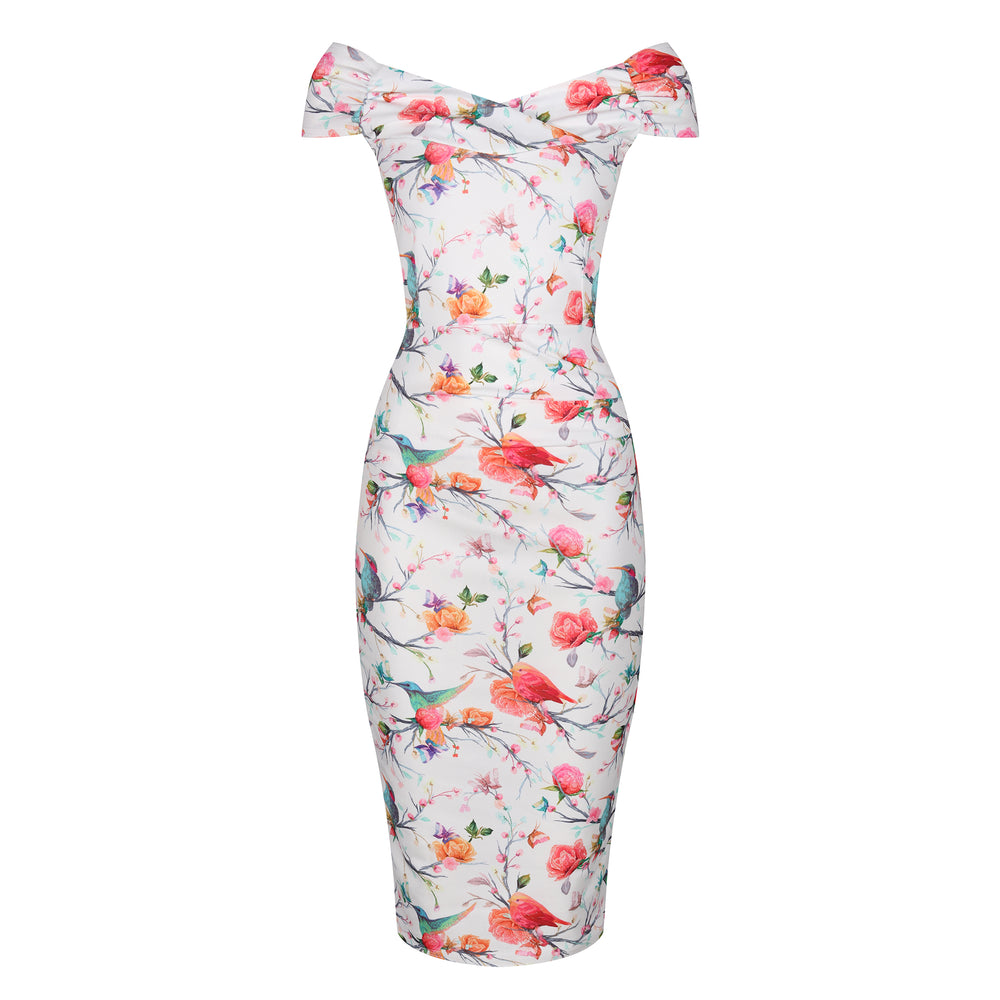 White Summer Bird Butterfly Print Cap Sleeve Crossover Top Bardot Wiggle Dress