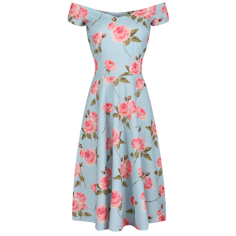 Blue and Pink Floral Cap Sleeve V Neck Swing Dress - Pretty Kitty Fashion
