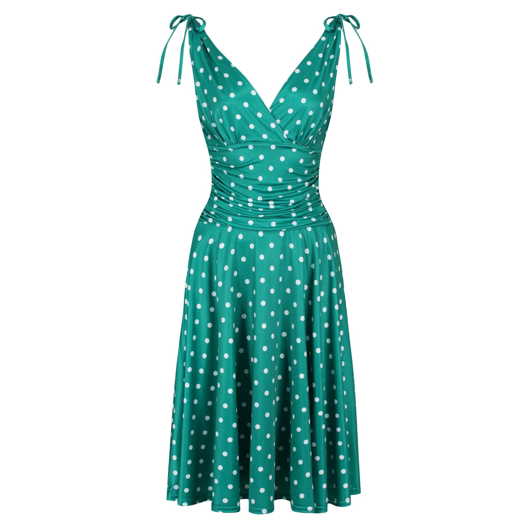 Green And White Polka Dot Print Crossover Top Grecian V Neck 50s Swing Dress