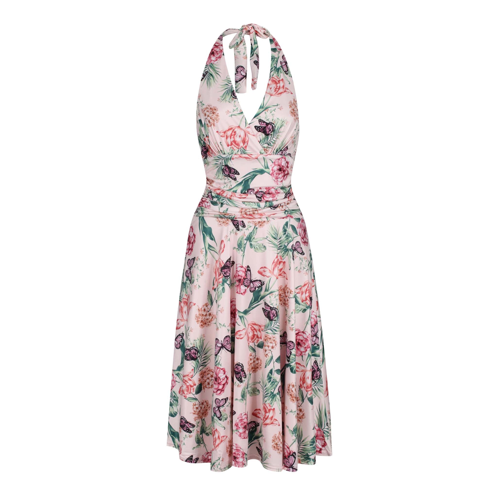 Pink Floral Butterfly Print Halterneck Grecian Summer Dress – Pretty ...