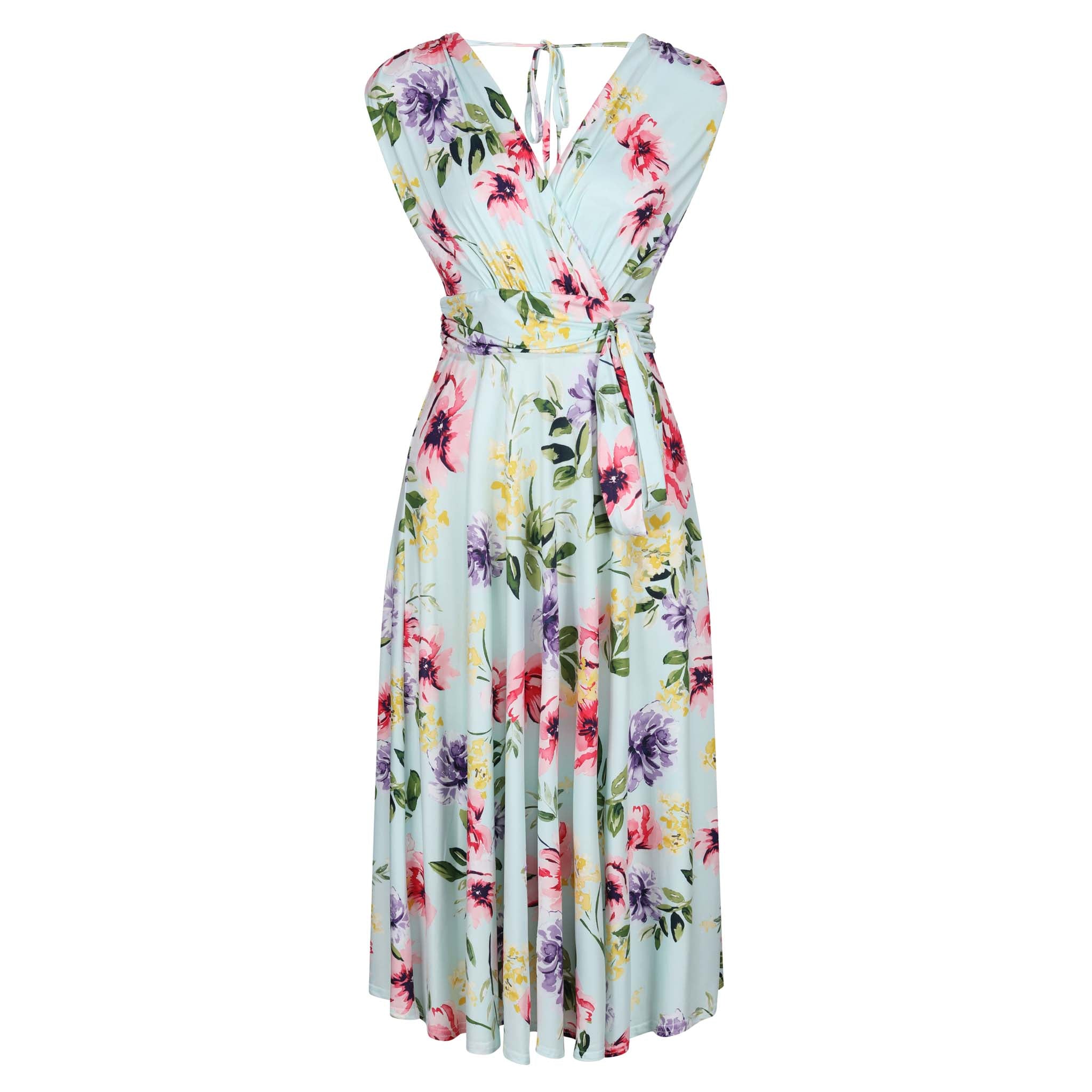 Blue Pink Yellow Floral V Neck Crossover Top Empire Waist Swing Dress