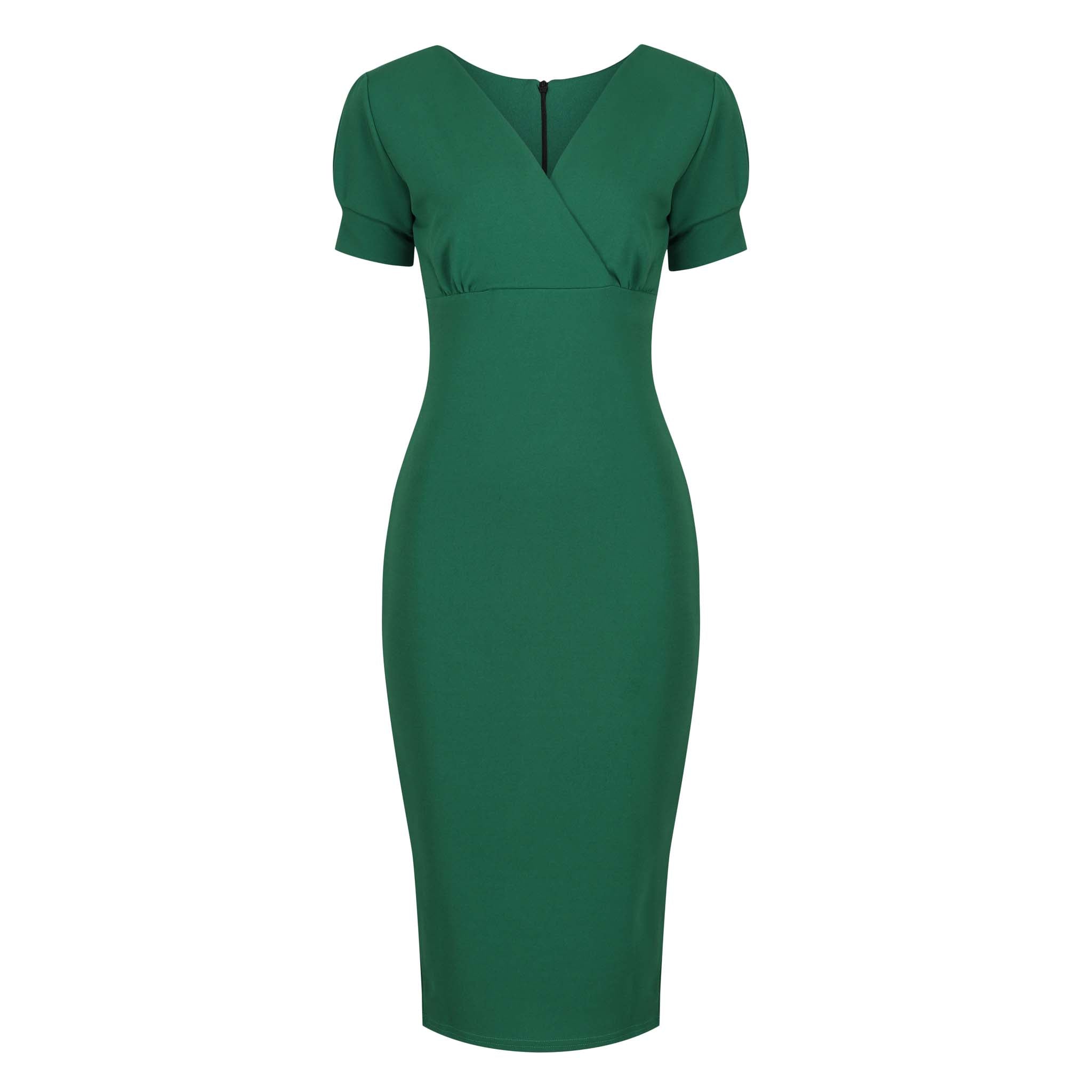 Emerald Green Puff Sleeve V Neck Bodycon Pencil Dress