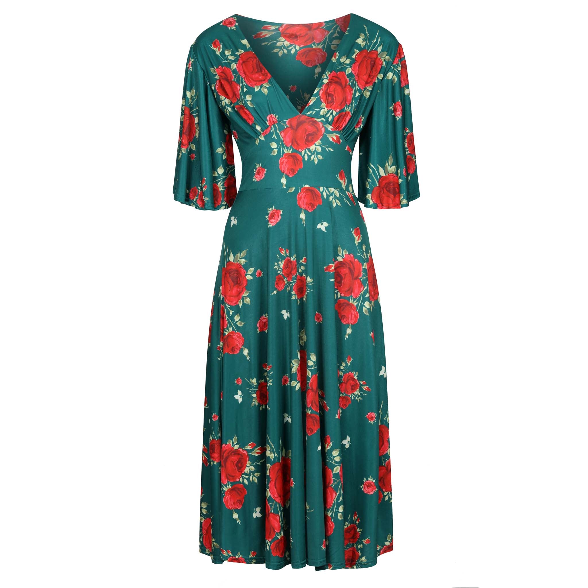 Green And Red Floral Print Waterfall Sleeve Midi Dress