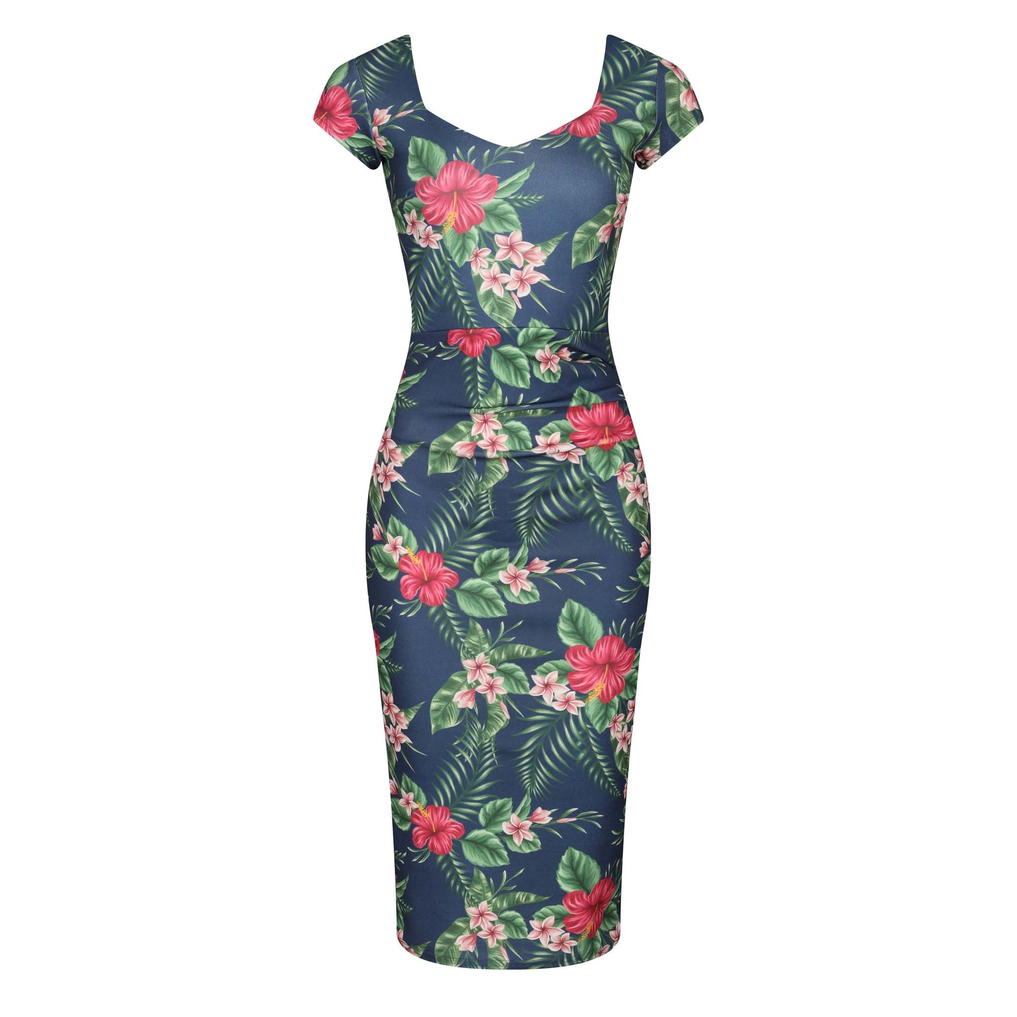 Navy Tropical Floral Print Cap Sleeve V Neck Bodycon Wiggle Dress