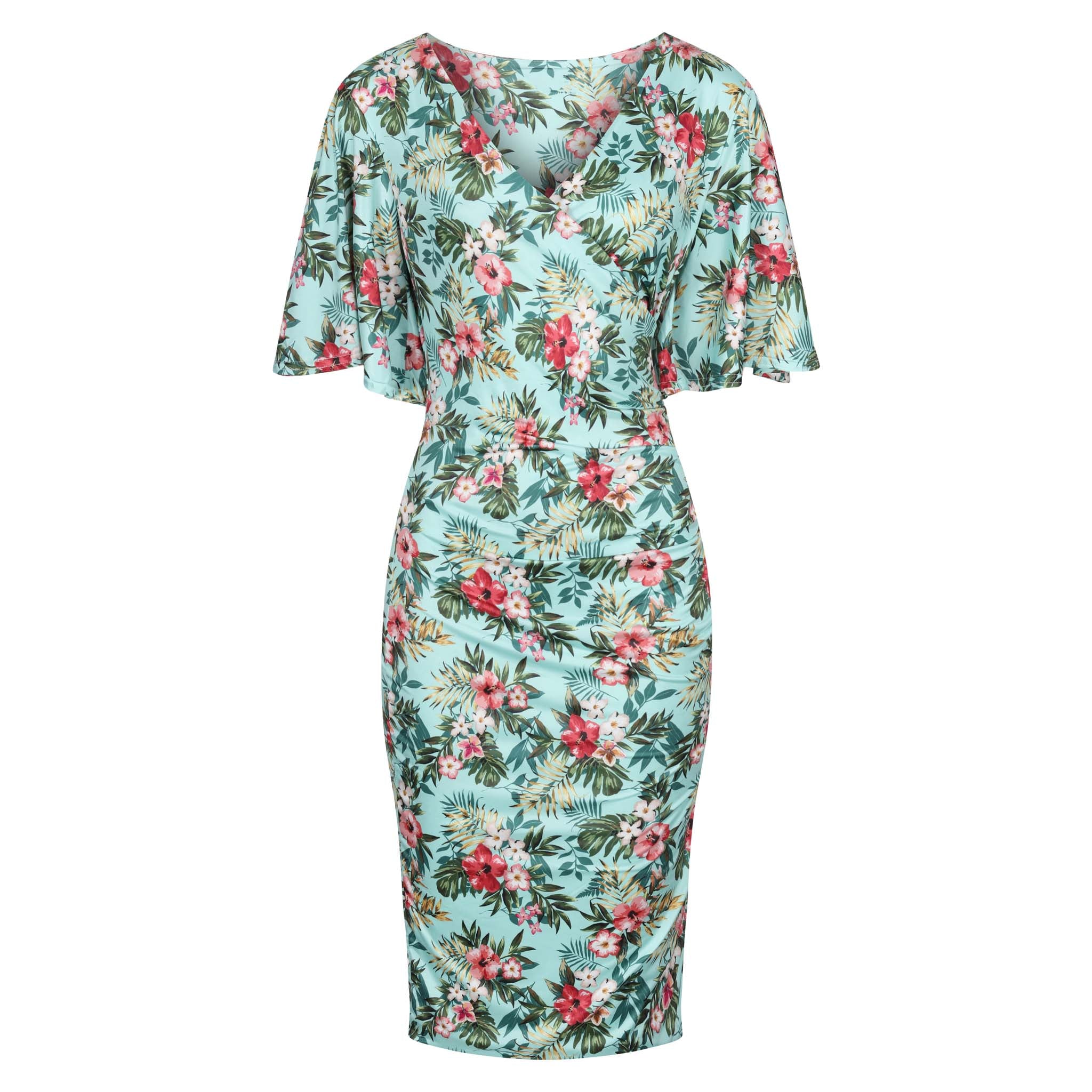 Mint Green Floral Print Butterfly Sleeve Slinky Pencil Cocktail Dress