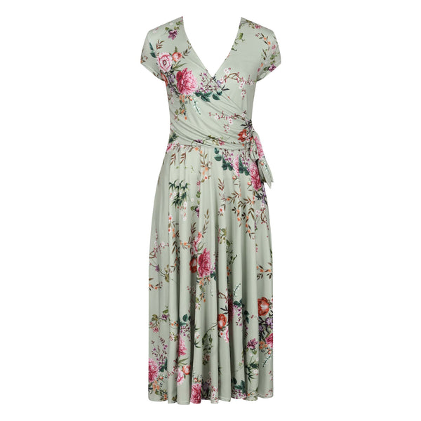 Sage Green Floral Print Cap Sleeve V Neck Wrap Top Swing Dress w/ Waist ...