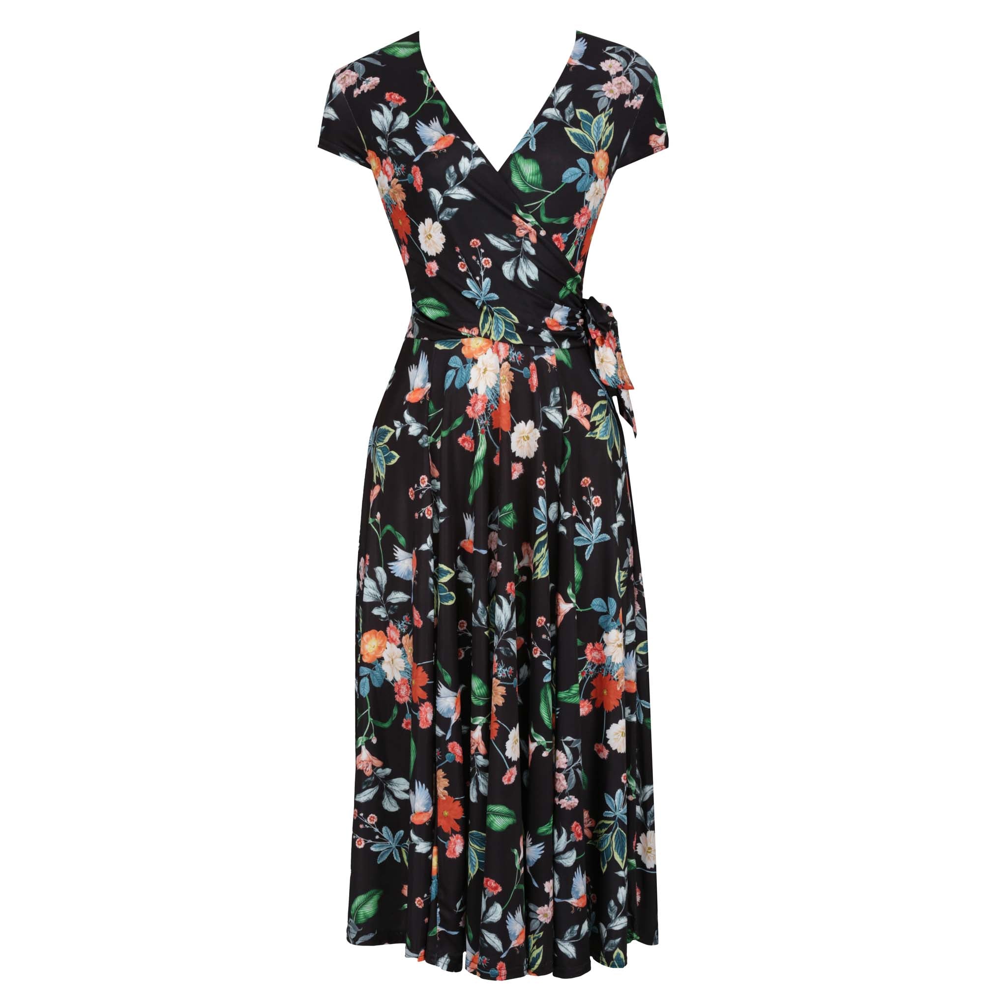 Black Floral Bird Print Cap Sleeve Crossover Top Swing Dress