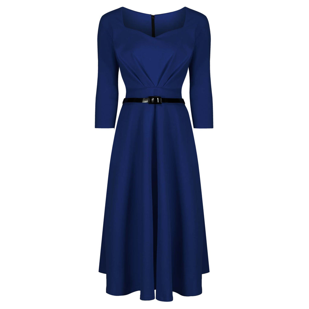 Navy Blue 3/4 Sleeve Belted 50s Swing Dress