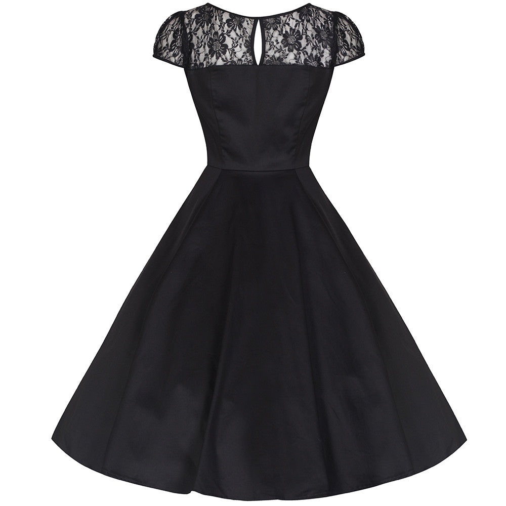 Black Cotton and Lace Rockabilly Cocktail Swing Dress - Pretty Kitty Fashion