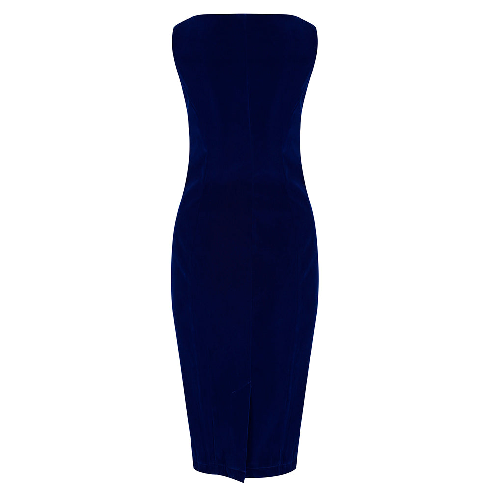 Royal Blue Velour and Lace Trim Sleeveless Wiggle Pencil Dress - Pretty Kitty Fashion