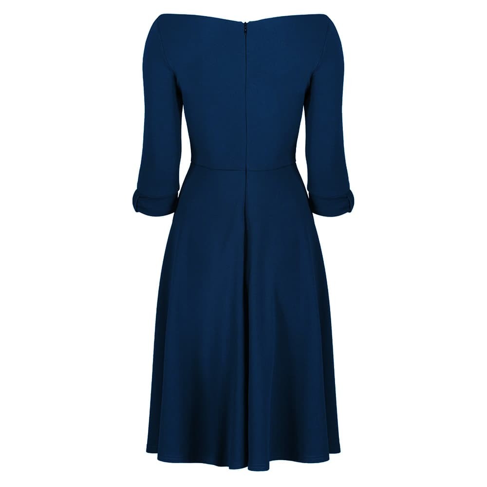 Navy Blue 3/4 Sleeve Bardot Vintage Fit And Flare Midi Dress