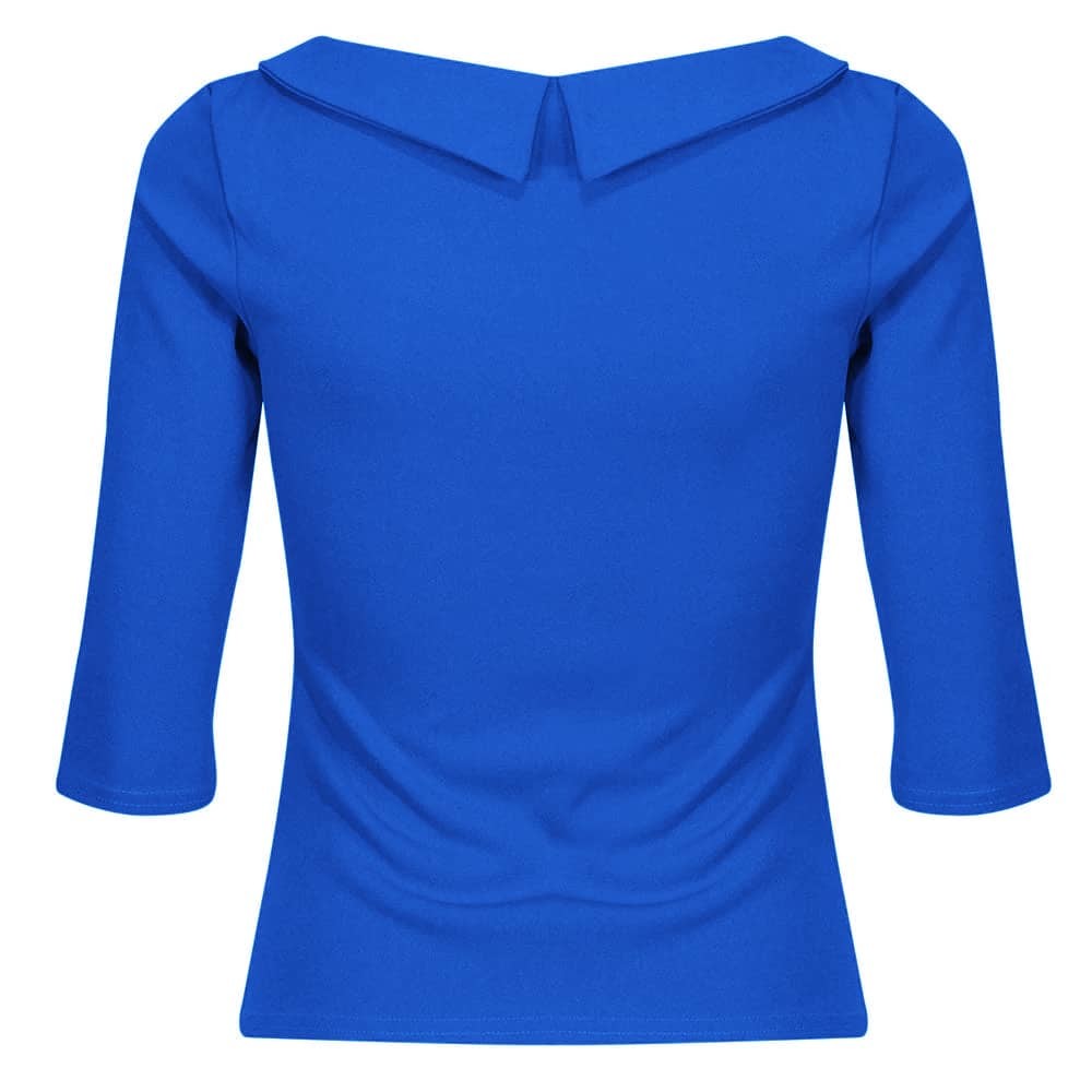 Royal Blue Vintage 3/4 Sleeve Tie Neck Top