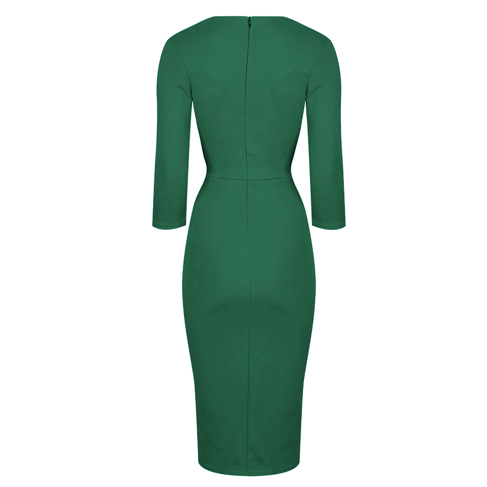 Vintage Emerald Green Wrap Over Midi Pencil Dress