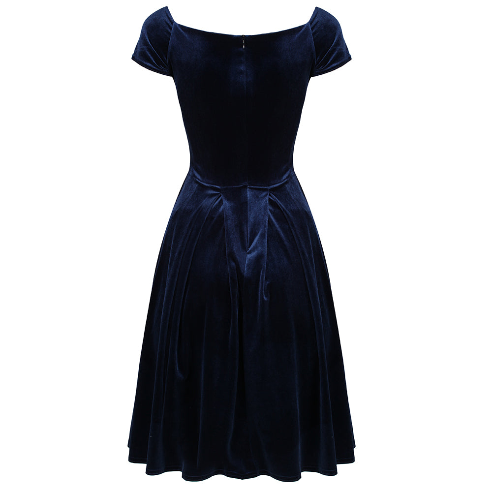 Navy Blue Velour Crossover Vintage Midi Party Dress - Pretty Kitty Fashion