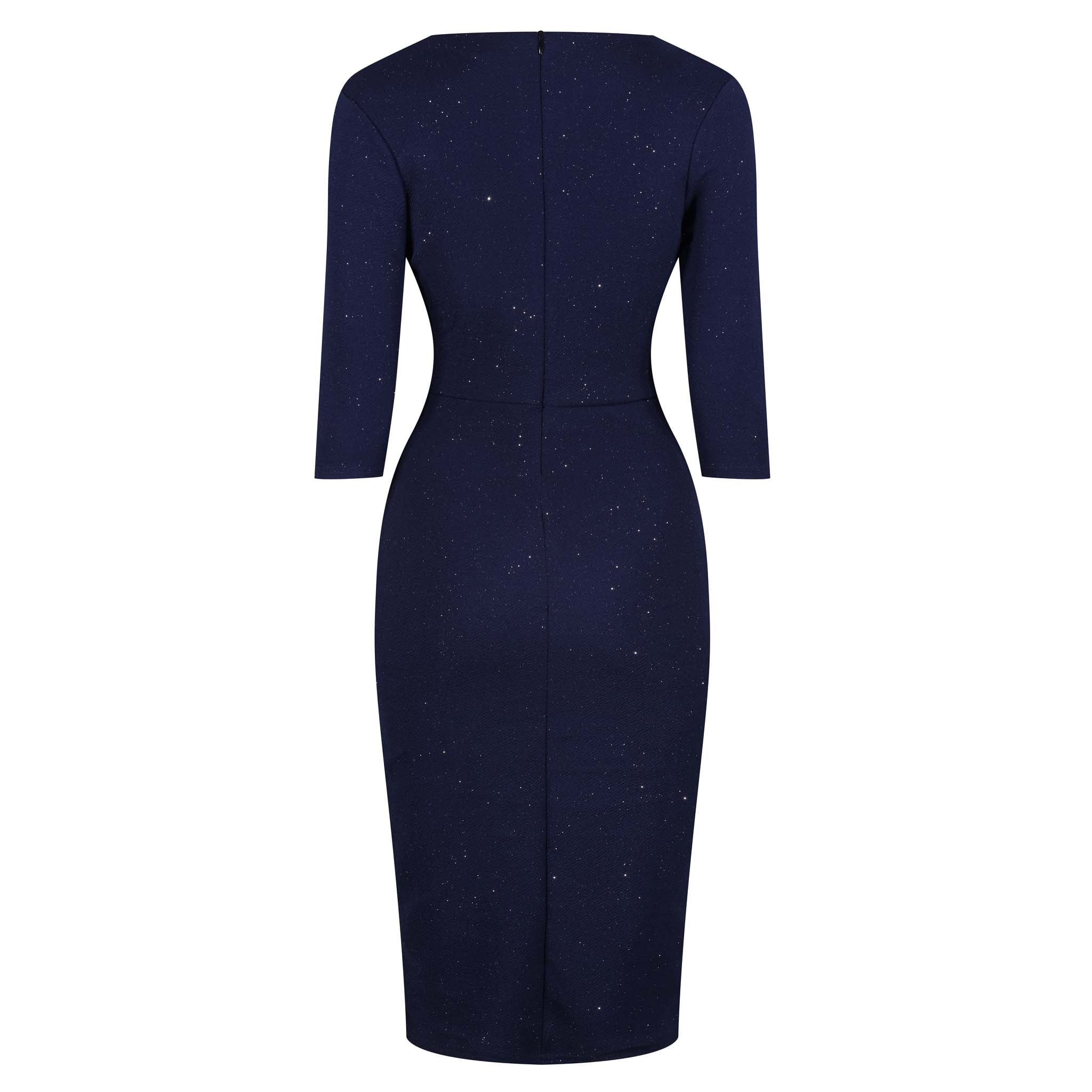 Navy Blue Silver Sparkle Deep V 3/4 Sleeve Bodycon Ruched Waist Wiggle Party Dress