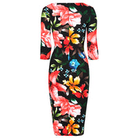 Black Floral Print 3/4 Sleeve Bodycon Pencil Wiggle Dress - Pretty Kitty Fashion