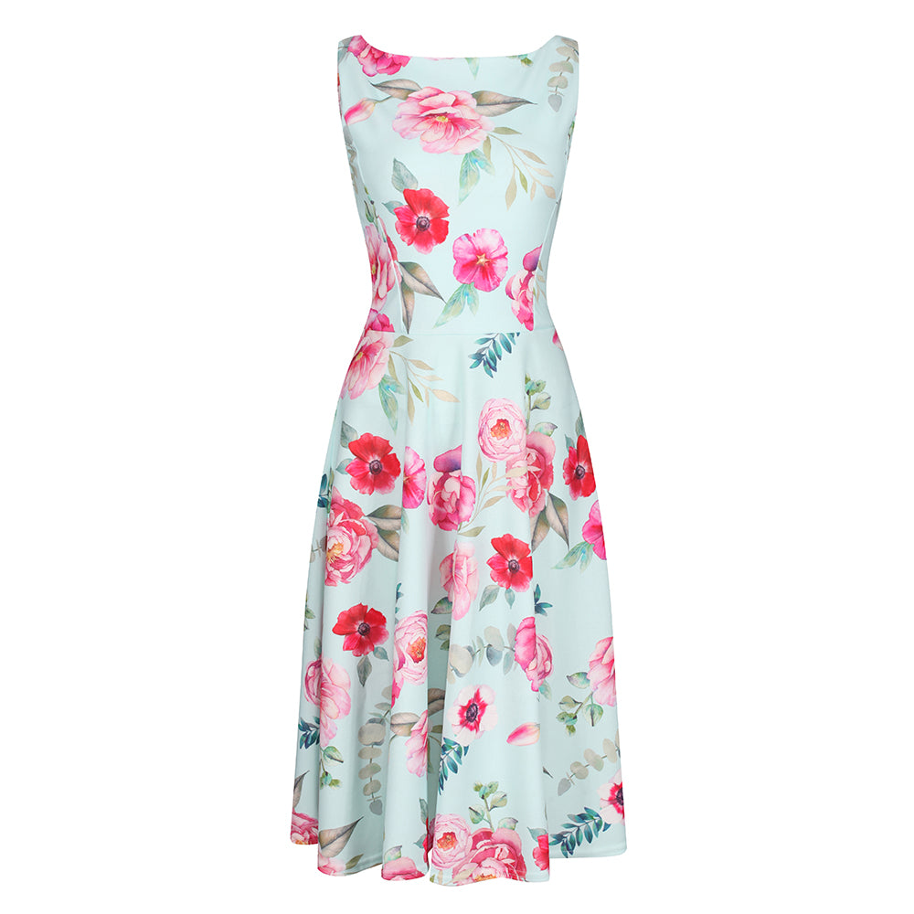 Mint Green Floral Print Audrey Style 50s Swing Dress