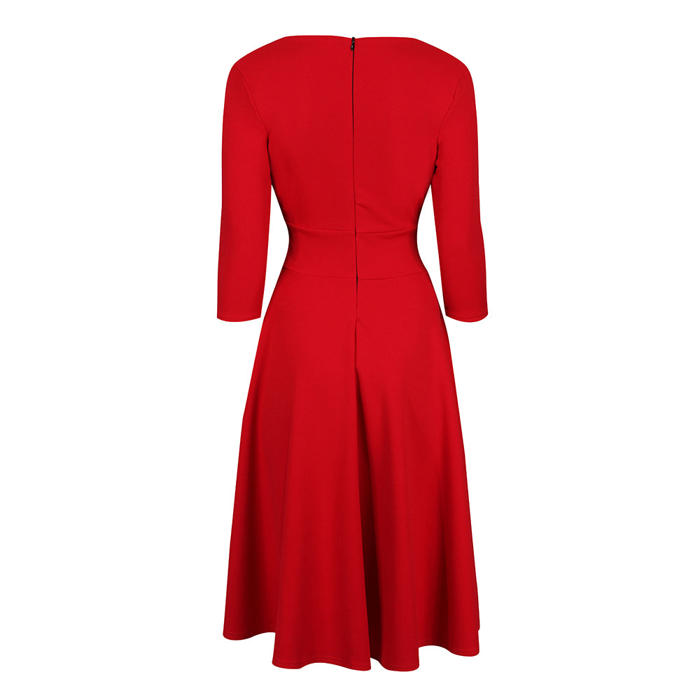 Red Vintage A Line Crossover 3/4 Sleeve Tea Swing Dress