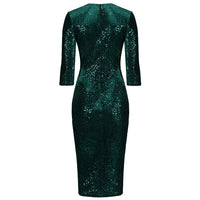Dark Green 3/4 Sleeve V Neck Velour Sequin Pencil Wiggle Dress - Pretty Kitty Fashion